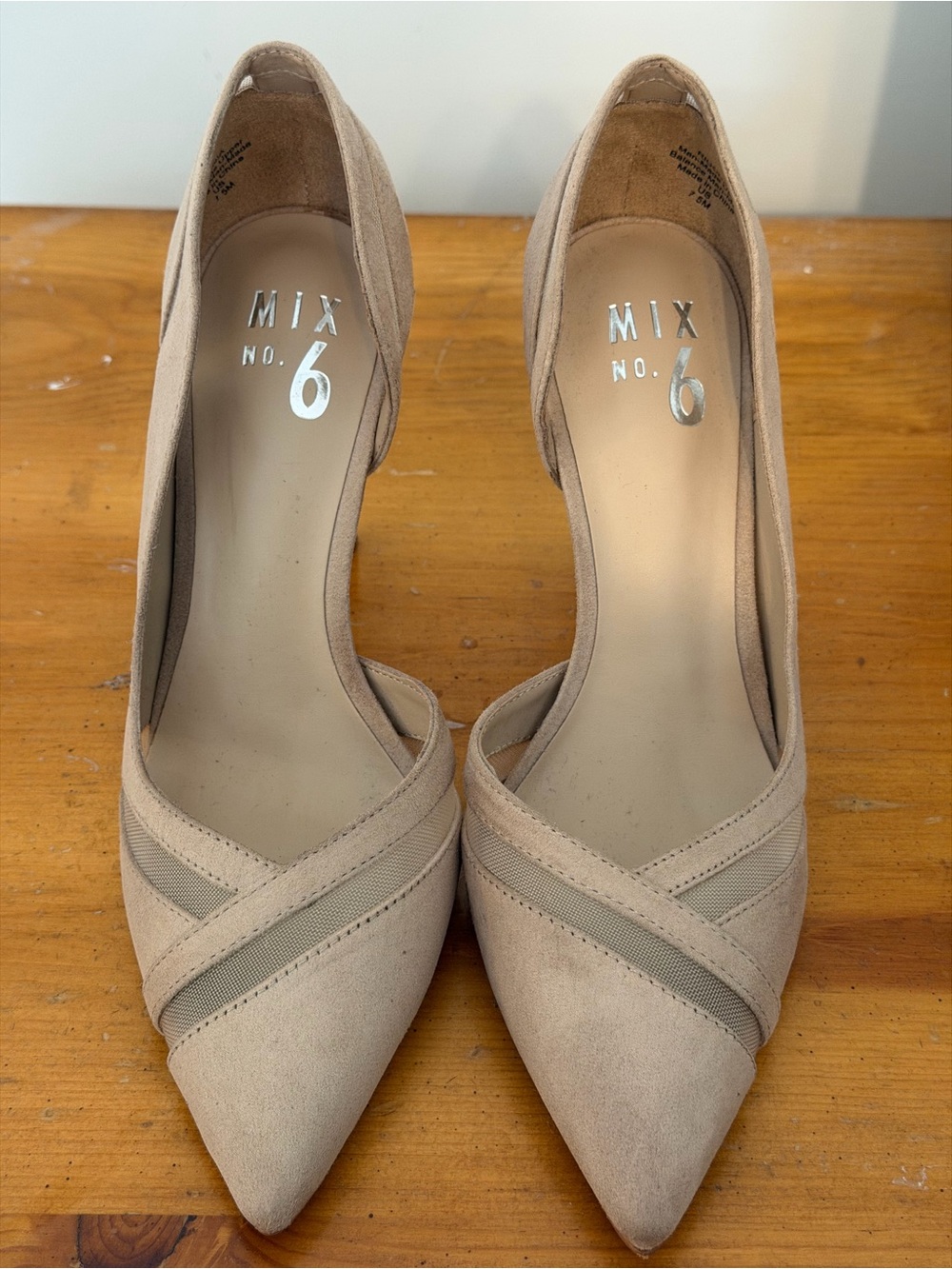 Mix No. 6 Beige Pointed-Toe D'Orsay Pumps with Cross-Band Detail